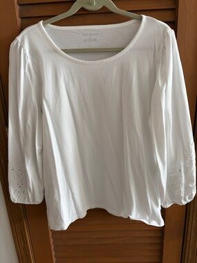 Talbots White Scoop Neck Long-Sleeve Top with Embroidered Cuffs